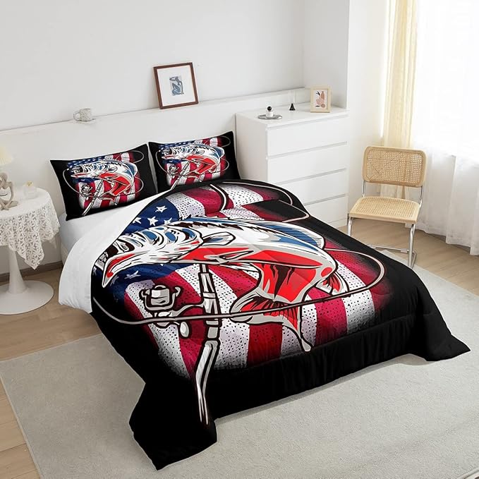 American Flag Comforter Set Farmhouse Fishing Bedding Set for Kids Boys Girls Teens Room Wild Fish Decor Comforter Red Blue Stripe Quilted Set 3Pcs Queen Size