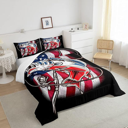 American Flag Comforter Set Farmhouse Fishing Bedding Set for Kids Boys Girls Teens Room Wild Fish Decor Comforter Red Blue Stripe Quilted Set 2Pcs Twin Size