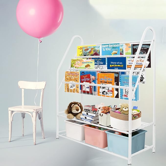 aboxoo Metal Kids Bookshelf Freestanding Bookcase for Children Room 32 in Large Toy Organizer Modern MinimalistWhite Stable Metel Bookstore Bedroom, Living, Library Book Unit Storage