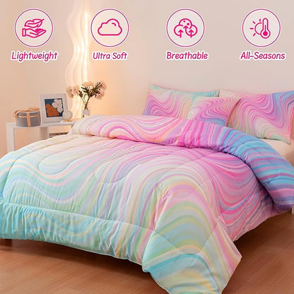 4 Pcs Pink Twin Comforter Set for Girls, Tie Dye Superior Kids Teen Bedding Sets, Blue Pink Rainbow Twin Size Bedding Set for Girls