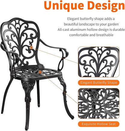 Bistro Table and Chairs Set of 2 Outdoor 3 Piece Bistro Sets Cast Aluminum Patio Bistro Set with Umbrella Hole, Patio Set for Garden, Black