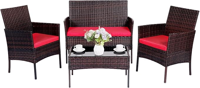 Patio Furniture Set 4 Pieces Conversation Sets Outdoor Wicker Rattan Chairs Garden Backyard Balcony Porch Poolside Loveseat with Soft Cushion and Tempered Glass Table(Brown/Red)