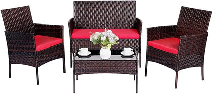 Patio Furniture Set 4 Pieces Conversation Sets Outdoor Wicker Rattan Chairs Garden Backyard Balcony Porch Poolside Loveseat with Soft Cushion and Tempered Glass Table(Brown/Red)