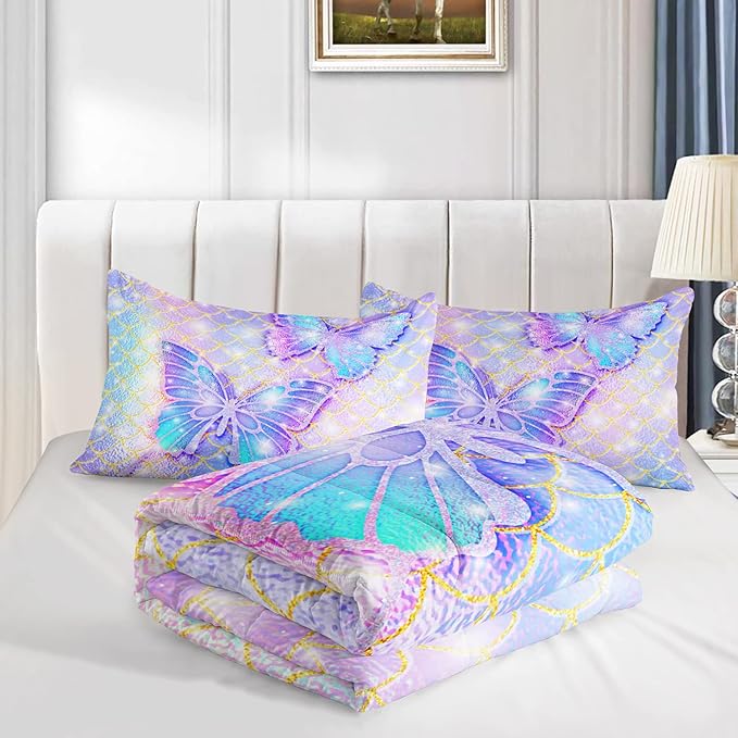 CVHOUSE Butterfly Comforter Set Twin Size,Rainbow Mermaid Butterfliy Bedding Set for Kids Girls,Rainbow Mermaid Butterflies Quilt Set Butterfly Duvet Set Girl's Bedroom Decor 3 Pieces