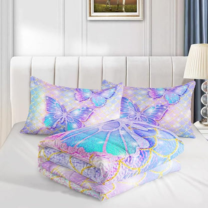 CVHOUSE Butterfly Comforter Set Full Size,Rainbow Mermaid Butterfliy Bedding Set for Kids Girls,Rainbow Mermaid Butterflies Quilt Set Butterfly Duvet Set Girl's Bedroom Decor 3 Pieces