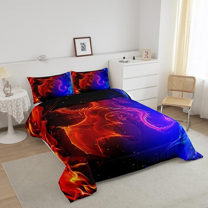Erosebridal Dragon Comforter Set Nebula Bedding Set Queen Size Mysterious Outer Space Quilted Duvet Trippy Duvet Set for Kids Boys Girls Teens Young Man Room Decorative, Blue Red