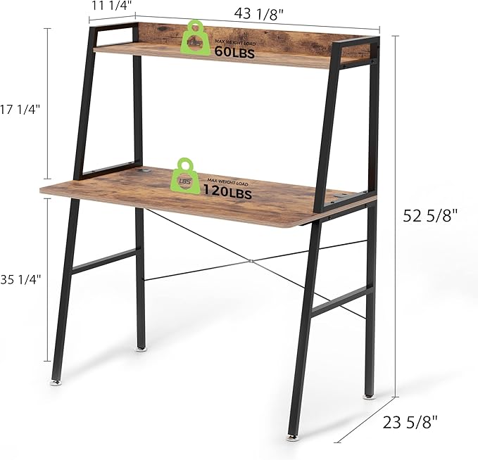 DESIGNA Small Computer Ladder Desk with Storage Shelves, 43 Inch 2-Tier Home Office Students Study Writing PC Gaming Table with Bookshelf Modern Workstation for Space Saving, Metal Frame, Rustic Brown