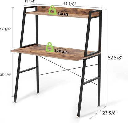 DESIGNA Small Computer Ladder Desk with Storage Shelves, 43 Inch 2-Tier Home Office Students Study Writing PC Gaming Table with Bookshelf Modern Workstation for Space Saving, Metal Frame, Rustic Brown