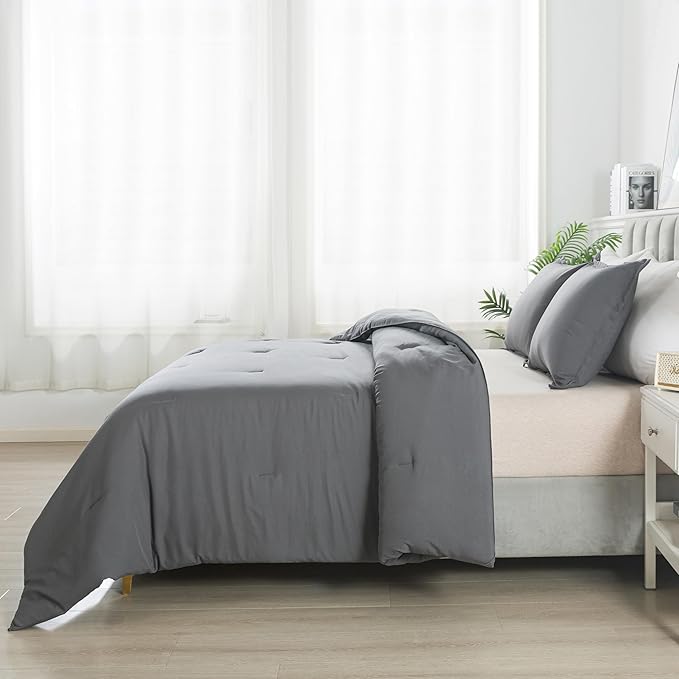 Dark Gray Comforter Set Full, Solid Grey Down Alternative Bedding Comforter Set, Breathable Fluffy Microfiber Comforter Full Size (79"x90") for All Seasons with Pillowcase