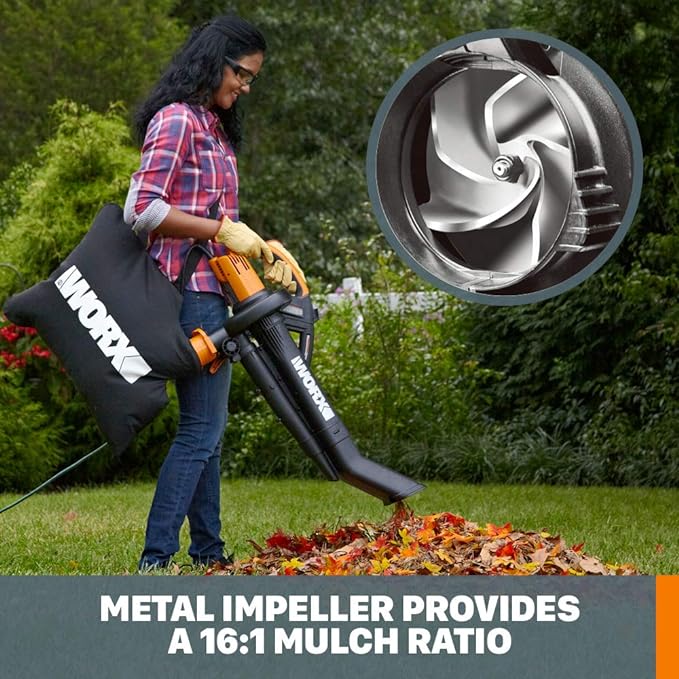 WORX WG505 TRIVAC 12 Amp 3-in-1 Electric Leaf Blower/Leaf Vacuum/Mulcher, Metal Impeller for Fine Mulching