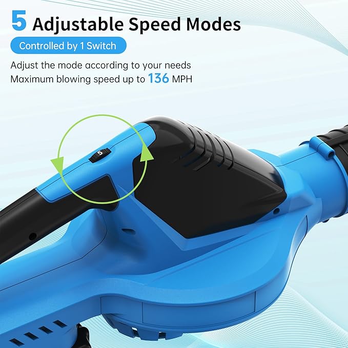 Leaf Blower, 21V Electric Leaf Blower Cordless, Leaf Blower with 2000mAh Battery and Charger, 16.5A/16500rpm Speed Leaf Blower, 5 Speed Mode Lightweight Leaf Blower for Lawn Patio Yard