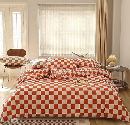 Orange White Grid Comforter Set King Burnt Orange Plaid Bedding Set Women Reddish and White Checkered Bed Comforter Set Breathable Blanket Set Men Durable Bedding Comforter Set