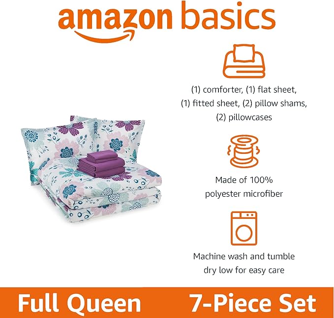 Amazon Basics 7 Piece Microfiber Kid's Bed-in-a-Bag Bedding, Full/Queen, Bluish Flowers, Floral