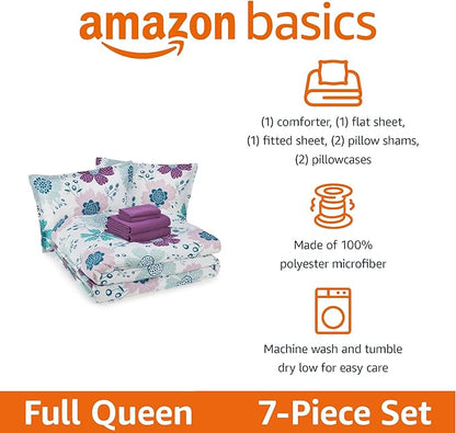 Amazon Basics 7 Piece Microfiber Kid's Bed-in-a-Bag Bedding, Full/Queen, Bluish Flowers, Floral