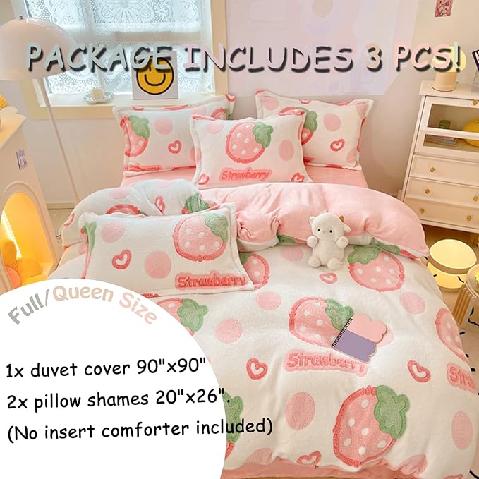 MorroMorn Pink Duvet Cover Queen, Strawberry Bedding Sets, Fluffy Comforter Covers Set, Down Alternative Blanket Ultra Soft Kawaii Cute for Girls Kids Teen Women Full Double Size