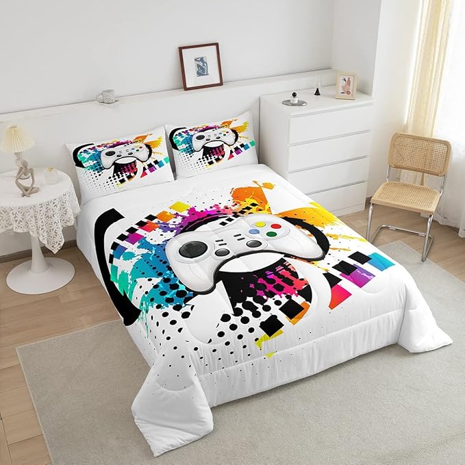 Kids Gaming Comforter Set Full Gamer Bedding Set, Modern Console Game Controller Duvet Set For Boys Girls Teens, White Gamepad Quilt Set, Tie Dye Colorful Comforter Set Grey White Soft Bedding Set