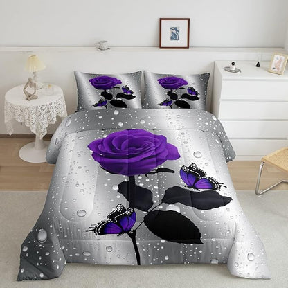 3D Rose Comforter Set Rose Floral Print Bedding Set Romantic Flowers Comforter for Kids Boys Girls Children Teens Bedroom Decor Purple Rose Butterfly Duvet Set Twin Size Quilt Set With 1 Pillow Case
