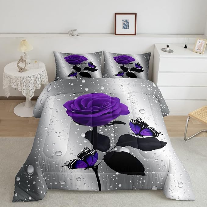 3D Rose Comforter Set Rose Floral Print Bedding Set Romantic Flowers Comforter for Kids Boys Girls Children Teens Bedroom Decor Purple Rose Butterfly Duvet Set Full Size Quilt Set with 2 Pillow Case