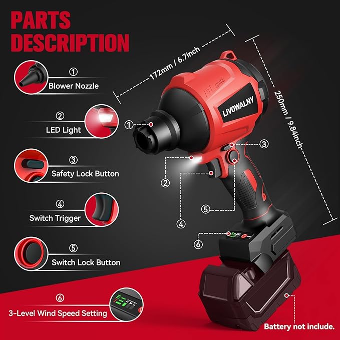 Cordless Dust Blower for Milwaukee m18 Battery, LIVOWALNY Leaf Blower Brushless Handheld Air Blower Sawdust Blower 447 MPH/39 CFM for Sawmill Room, Workshop Cleaning, Home Improvement (No Battery)