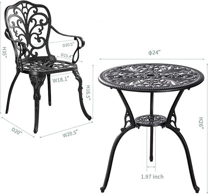 Bistro Table and Chairs Set of 2 Outdoor 3 Piece Bistro Sets Cast Aluminum Patio Bistro Set with Umbrella Hole, Patio Set for Garden, Black