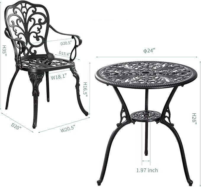 Bistro Table and Chairs Set of 2 with Umbrella Hole,Cast Aluminum Patio Bistro Sets 3 Piece,Outdoor Bistro Table Set,Patio Furniture Set for Front Porch Set,Garden(Butterfly Black)