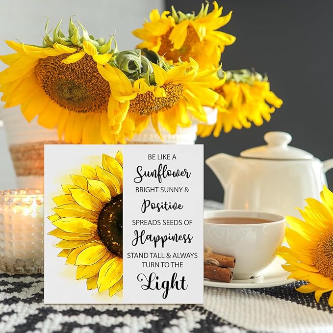 Creoate Sunflower Desk Decor, Inspirational Wood Block Sign Desk Decorations for Home Girls Room Dorm Office Desk Shelf Table Decor - Be Like a Sunflower Bright Sunny and Positive Uplifting Positive