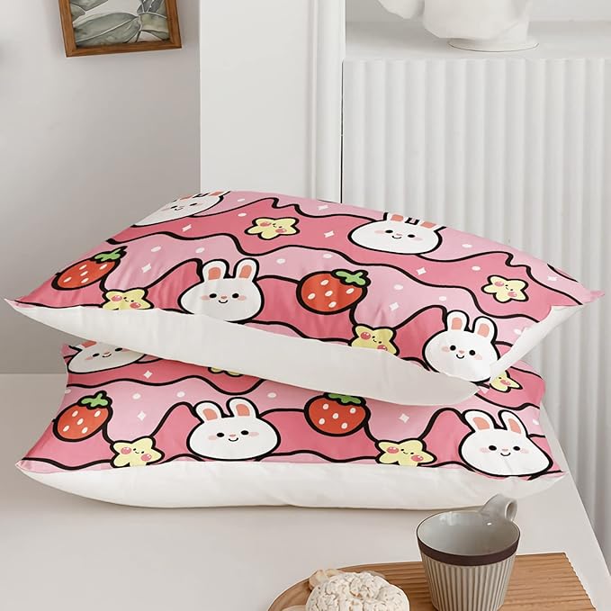 Kawaii Rabbit Comforter,Strawberry Rabbit Comforter Set for Kids Teens Girls,3Pcs Bedding Set Printed Comforter with 2 Pillowcases,Down Alternative,Soft and Lightweight(Pink，Twin Size)