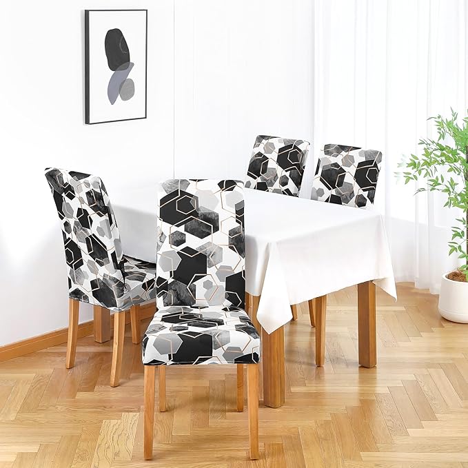 Gibelle Dining Room Chair Covers Set of 4, Soft Stretch Kitchen Chair Covers Slipcover Protector, Removable Washable Geometric Parson Chair Covers 4 Pack, Black
