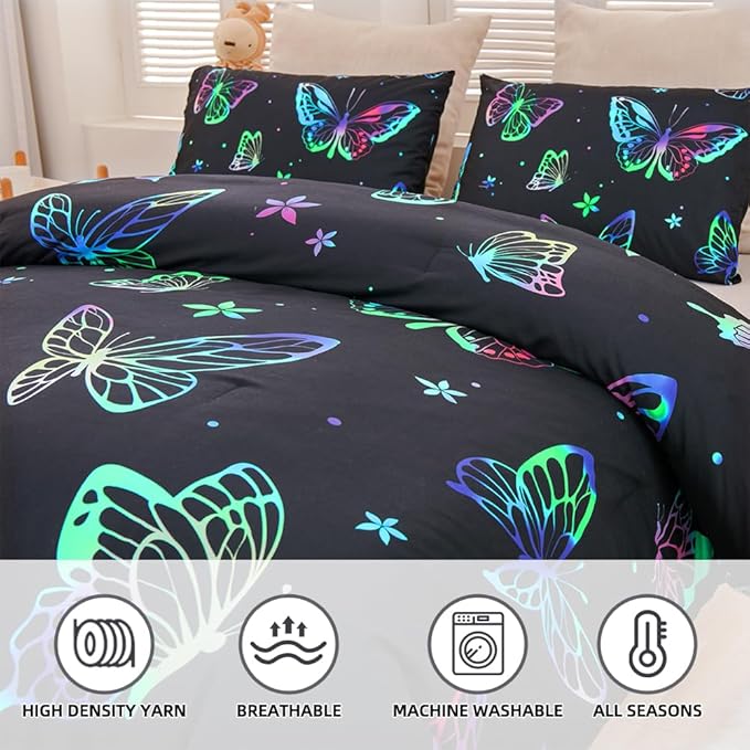 Btargot 3 Piece Butterfly Pattern Girls Comforter Set with 2 Pillow Covers, Gradient Line Rainbow Printed Bedding Set for Women, Queen Black