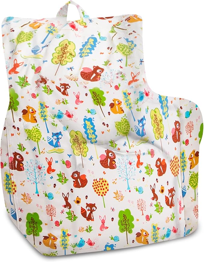 Posh Creations Structured Comfy Bean Bag Chair for Gaming, Reading, and Watching TV, Pasadena Chair, Canvas - Forest Critters on White