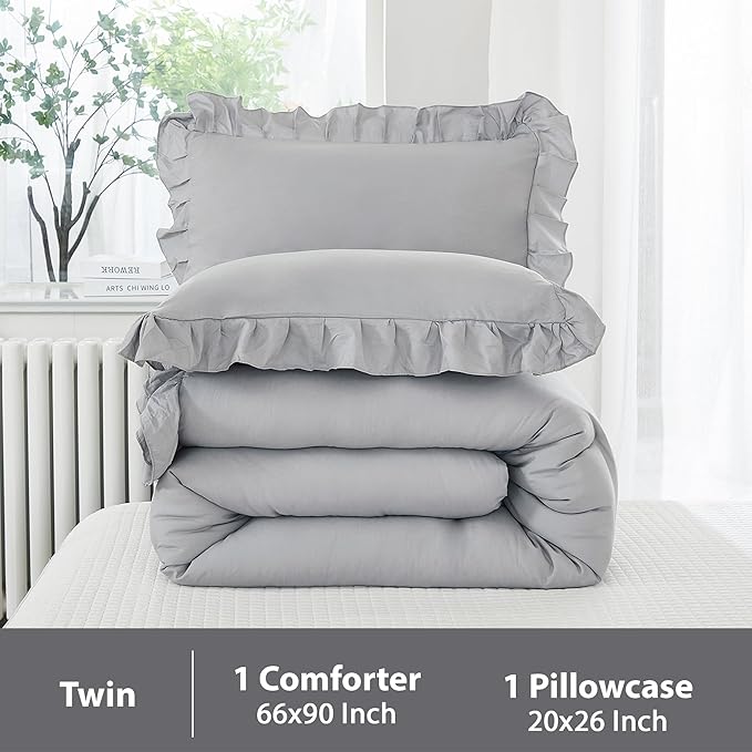 Andency Silver Gray Twin Size Comforter, 2 Pieces Farmhouse Classic Chic Ruffle Comforter for Kids, Lighteweight Soft Microfiber Bedding Set for Girls(1 Ruffle Comforter and 1 Pillowcase)