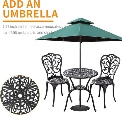 Patio Bistro Set 3 Piece Outdoor,Cast Aluminum Outdoor Bistro Table and Chair Set of 2 with 1.97" Umbrella Hole,All Weather Metal Bistro Table Set for Front Porch Set(Butterfly Black)