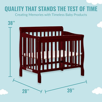Aden 4-in-1 Convertible Mini Crib In Cherry, Greenguard Gold Certified, Non-Toxic Finish, New Zealand Pinewood, With 3 Mattress Height Settings