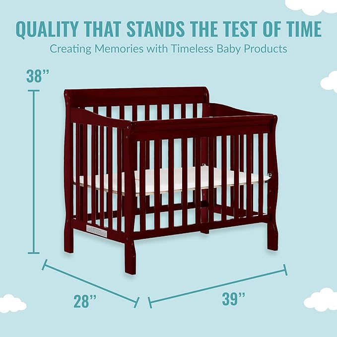 Aden 4-in-1 Convertible Mini Crib in Cherry, Greenguard Gold Certified & Sunset 3” Extra Firm Fiber Crib Mattress, Greenguard Gold Certified