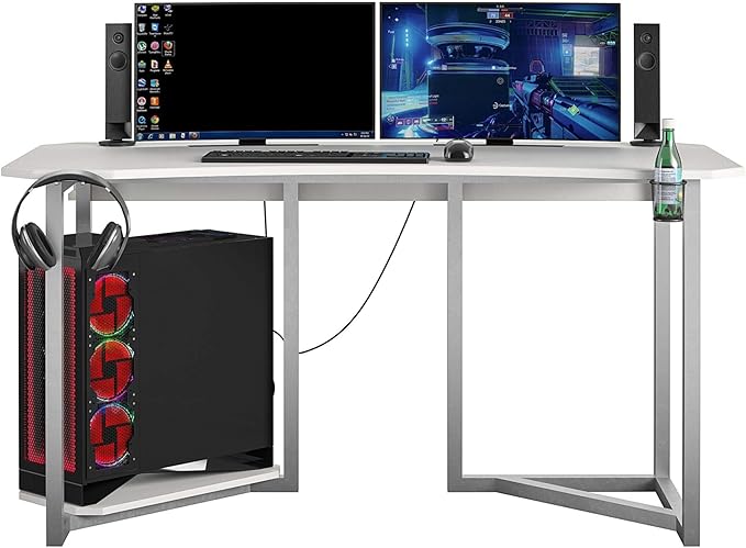 Quest Gaming Desk with CPU Stand, White