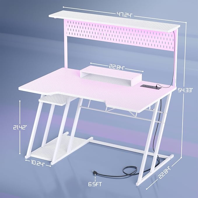 Gaming Computer Desk with Storage Shelves & Z-Shaped Legs, White Gaming Desk with Hutch and LED Lights, Reversible PC Gaming Desk with Pegboard for Bedroom & Small Spaces, Carbon Fiber Surface, 47''
