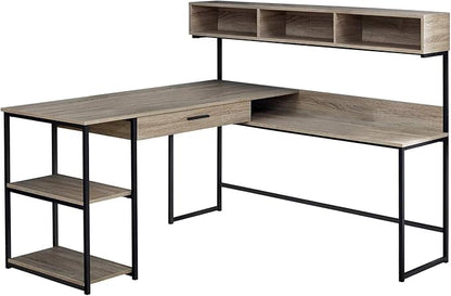 Monarch Specialties Workstation for Home & Office with Multiple Shelves and Drawer L-Shaped Corner Desk with Hutch, 60" L, Dark Taupe/Black Frame