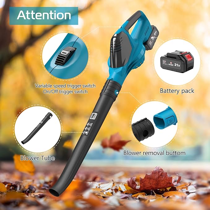Leaf Blower Cordless with Battery and Charger, 21V Brushless 8000mAh 5 Speeds Adjustable Cordless Battery Powered Blower for Lawn Care, Electric Leaf Blower Cordless with 2 Batteries Cordless Blower