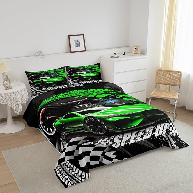 Feelyou Kids Boys Girls Race car Comforter Queen Size, Green Race Car Buffalo Plaid Comforter Set for Teens Toddler Sports Car Bedding Set Racing Car Duvet Set Room Decor Quilt Set Bedding Collection