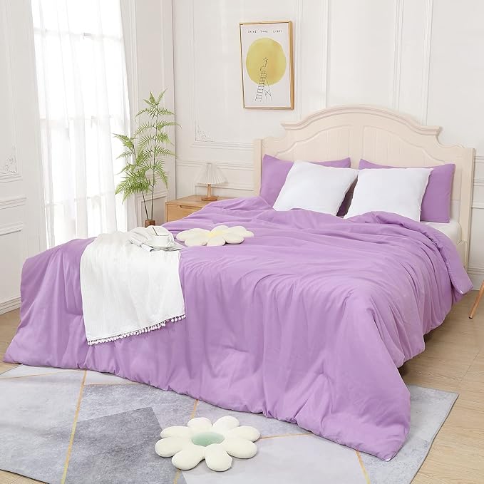 Lavender Purple Comforter King Size, Modern Bedding Set for Girls/Women, Cute Soft & Lightweight Chic Microfiber Bed Sets, 3 pcs-1 Comforter & 2 Pillowcases (104"x90")