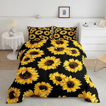 Erosebridal Yellow Sunflowers Bedding Black Yellow Comforter Set Gold Yellow Sunflowers Printed Luxury Black Boys Girls Bedding Sets Twin 1 Down Comforter 2 Pillowcases (King, Black Sunflowers)