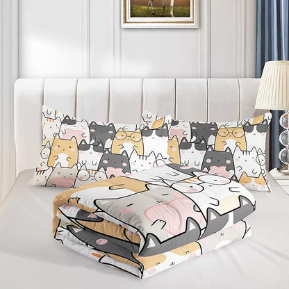 Kawaii Cat Comforter Queen Size,Cats Comforter Set for Kids Teens Girls Boys,3Pcs Bedding Set Printed Comforter with 2 Pillowcases,Down Alternative,Soft and Lightweight，Queen Size