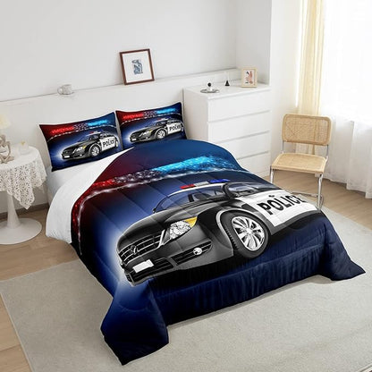 Erosebridal Police Car Comforter Sets Twin Size,Policeman Vehicle Bedding Set for Kids Boys Children,Red Blue Cop Lights Down Comforter Geometric Graphics Duvet Sets Bedroom Decor with 1 Pillow Case