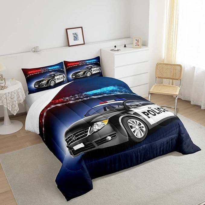 Erosebridal Police Car Comforter Sets Queen Size,Policeman Vehicle Bedding Set For Kids Boys Children,Red Blue Cop Lights Down Comforter Geometric Graphics Duvet Sets Bedroom Decor With 2 Pillow Cases