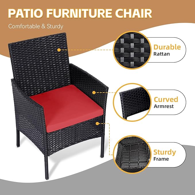 Patio Furniture Set 3 Pieces All-Weather Rattan Outdoor Furniture Patio Chairs with Tempered Glass Table for Porch Bistro Balcony Bistro Set(Black/Red)