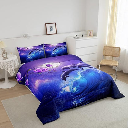 Erosebridal Dolphin Ocean Comforter Set Queen,Coastal Stars Moon Galaxy Bedding Set Cherry Blossoms Sky Starry Comforter for Girls Teen Women Sea Animal Quilted Duvet Purple Blue 2 Pillow Cases
