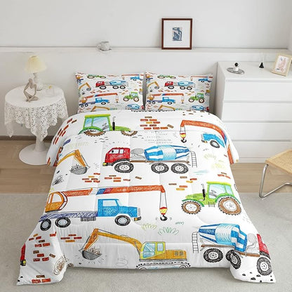 Feelyou Boys Excavator Bedding Set Construction Vehicles Comforter Set for Kids Girls Watercolor Tractor Crane Truck Comforter Colorful Design Quilt Set Room 2Pcs Twin Size