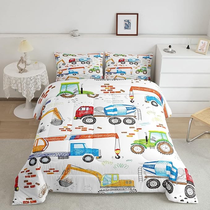 Feelyou Boys Excavator Bedding Set Construction Vehicles Comforter Set for Kids Girls Watercolor Tractor Crane Truck Comforter Colorful Design Quilt Set Room 3Pcs Queen Size