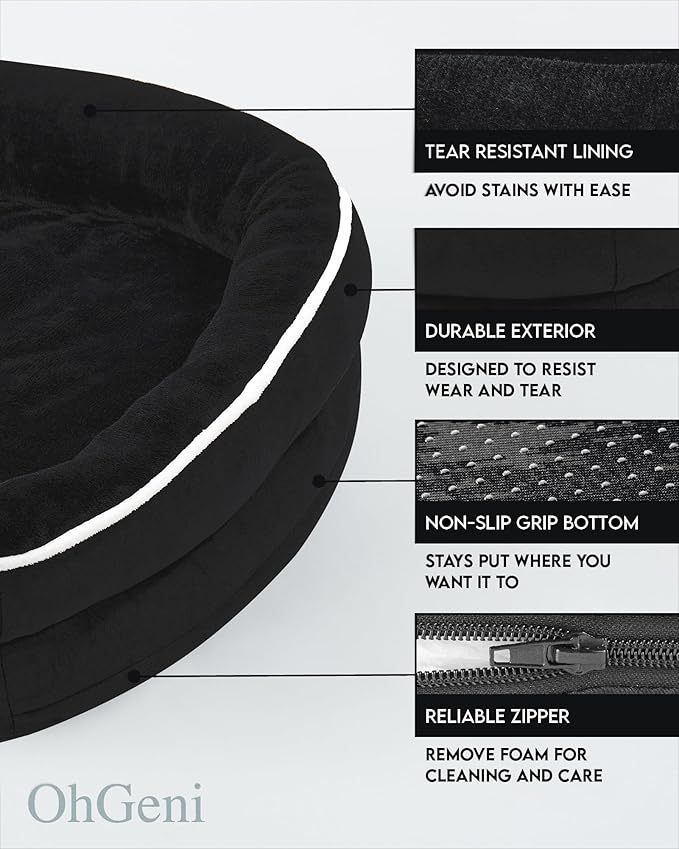 OhGeni Orthopedic Dog Bed Couch for Large Sized Pets with Egg Foam Support, Four-Sided Bolster Cushions, Soft Tear-Resistant Fabric, and Removable Machine Washable Plush Cover 35-Inch (Black)