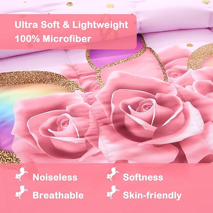 Unicorn Comforter Set Rainbow Soft Girls Unicorn Bedding with 1 Comforter 2 Pillowcases Pink Flower Unicorn Bedding Sets for Teens Girls Queen Size